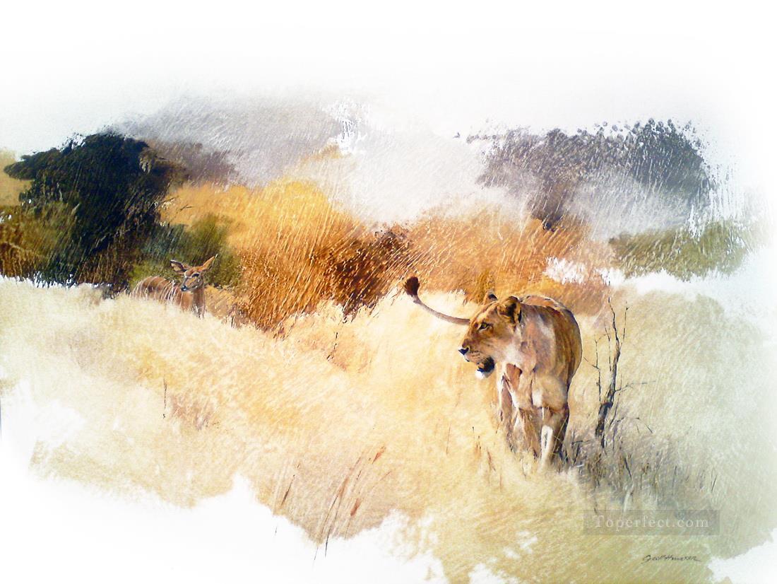雌ライオンとニアラ ジェフ ハンターの野生動物油絵